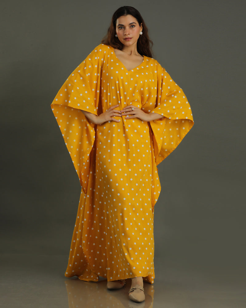 Sunshine Long Cotton Kaftan – Mustard Print