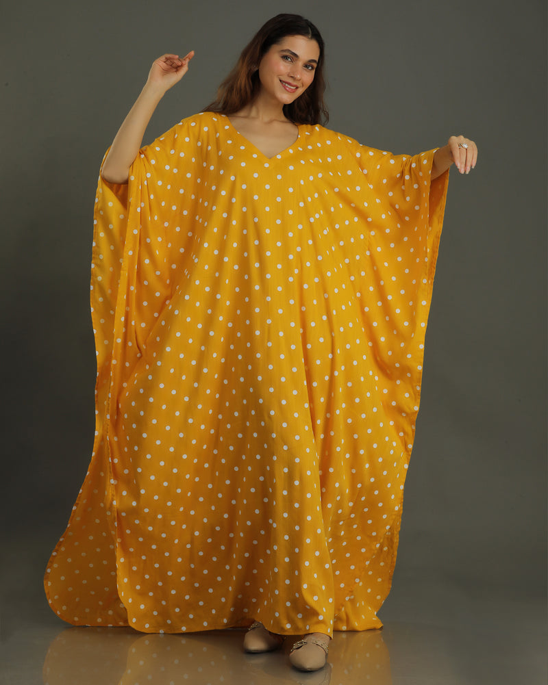 Sunshine Long Cotton Kaftan – Mustard Print