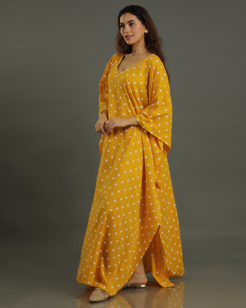 Sunshine Long Cotton Kaftan – Mustard Print