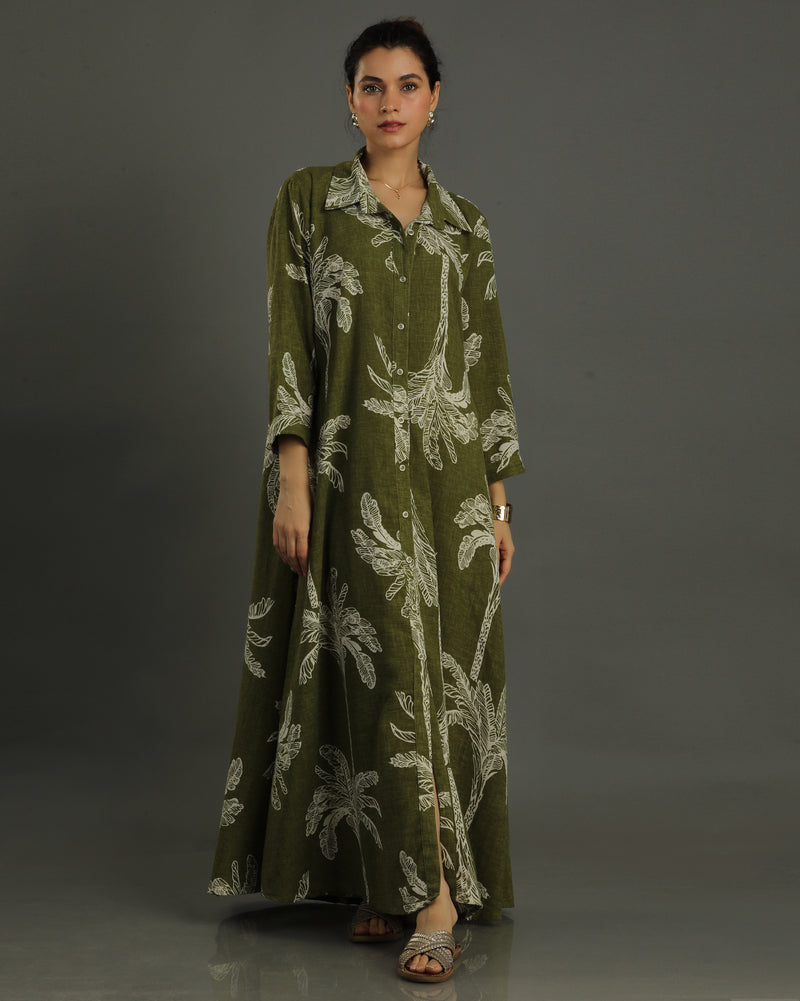 Palm Long Shirt Cotton Dress - Olive Print