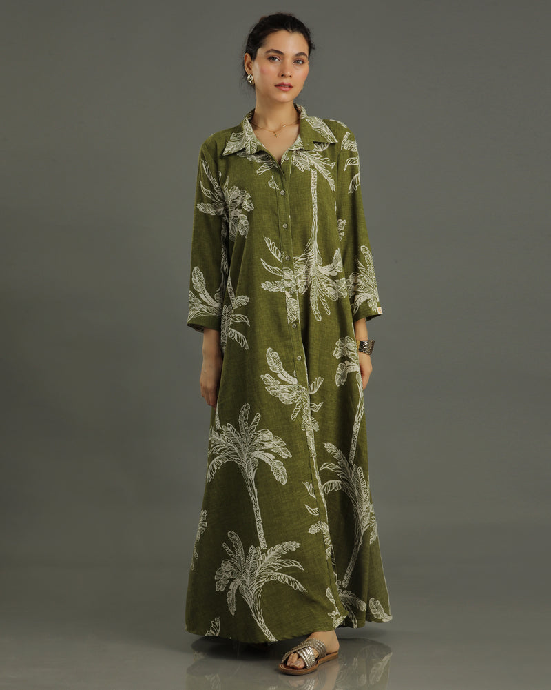 Palm Long Shirt Cotton Dress - Olive Print