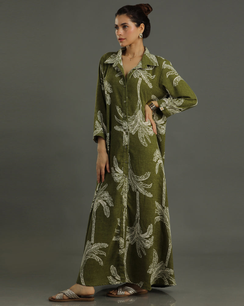 Palm Long Shirt Cotton Dress - Olive Print