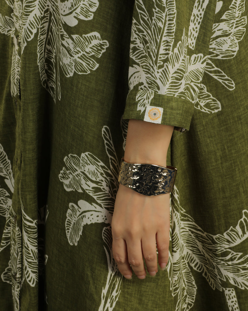 Palm Long Shirt Cotton Dress - Olive Print