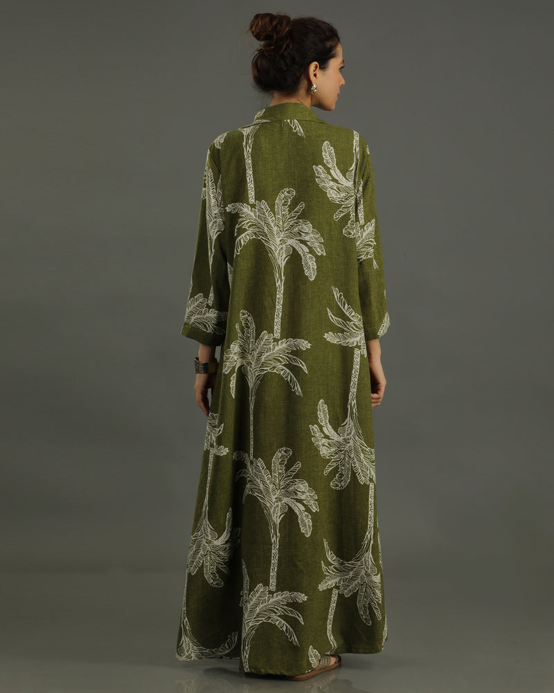 Palm Long Shirt Cotton Dress - Olive Print