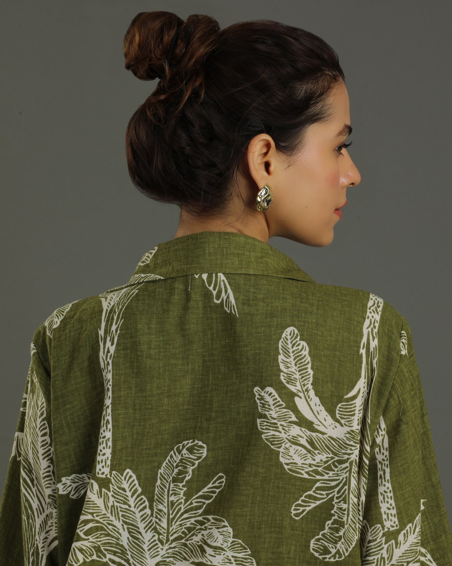 Palm Long Shirt Cotton Dress - Olive Print