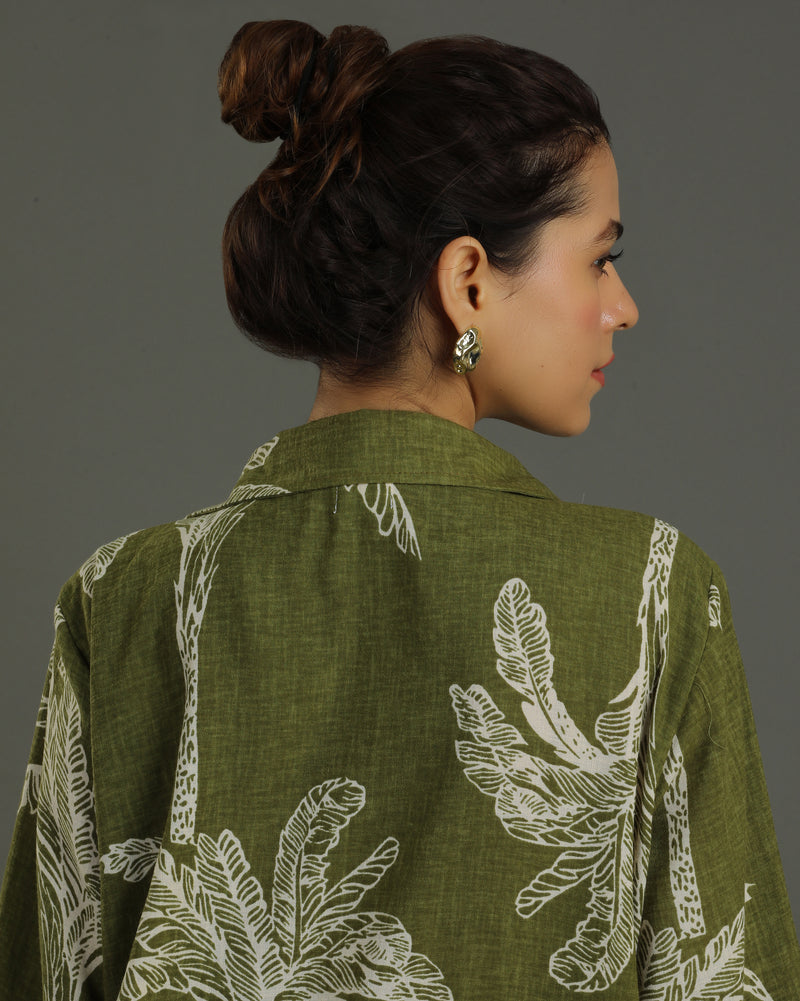 Palm Long Shirt Cotton Dress - Olive Print