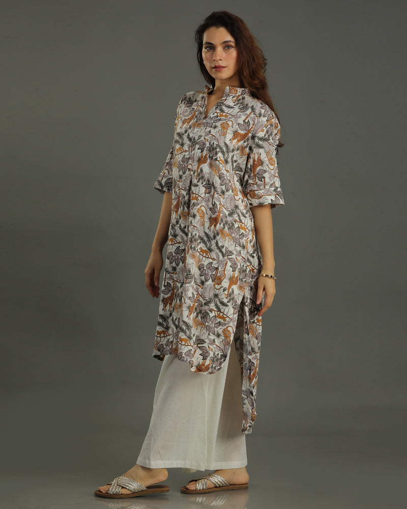 Safari High-Low Cotton Kurta – Off-White Print