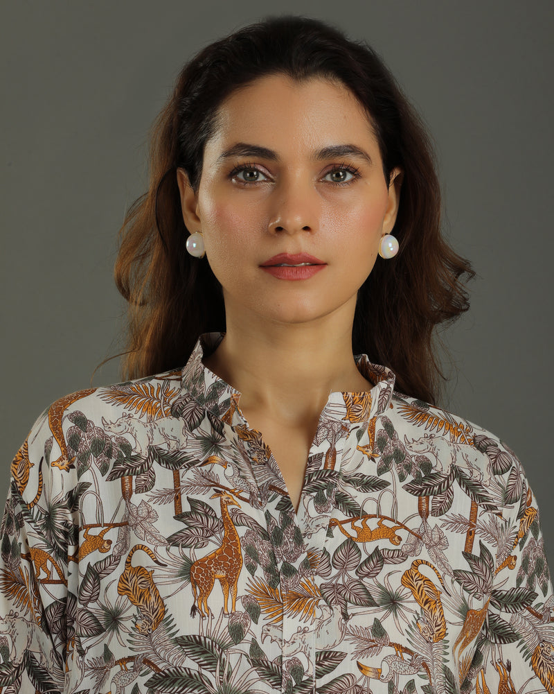 Safari High-Low Cotton Kurta Set – Off-White Print