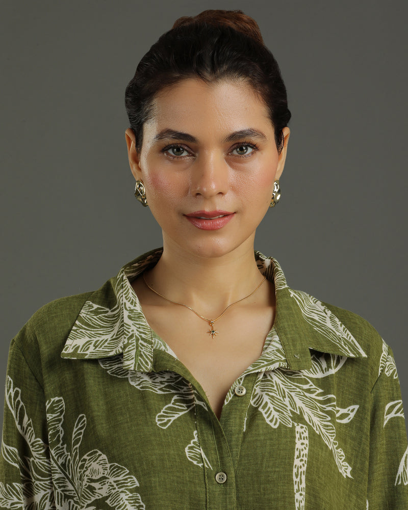 Palm Long Shirt Cotton Dress - Olive Print