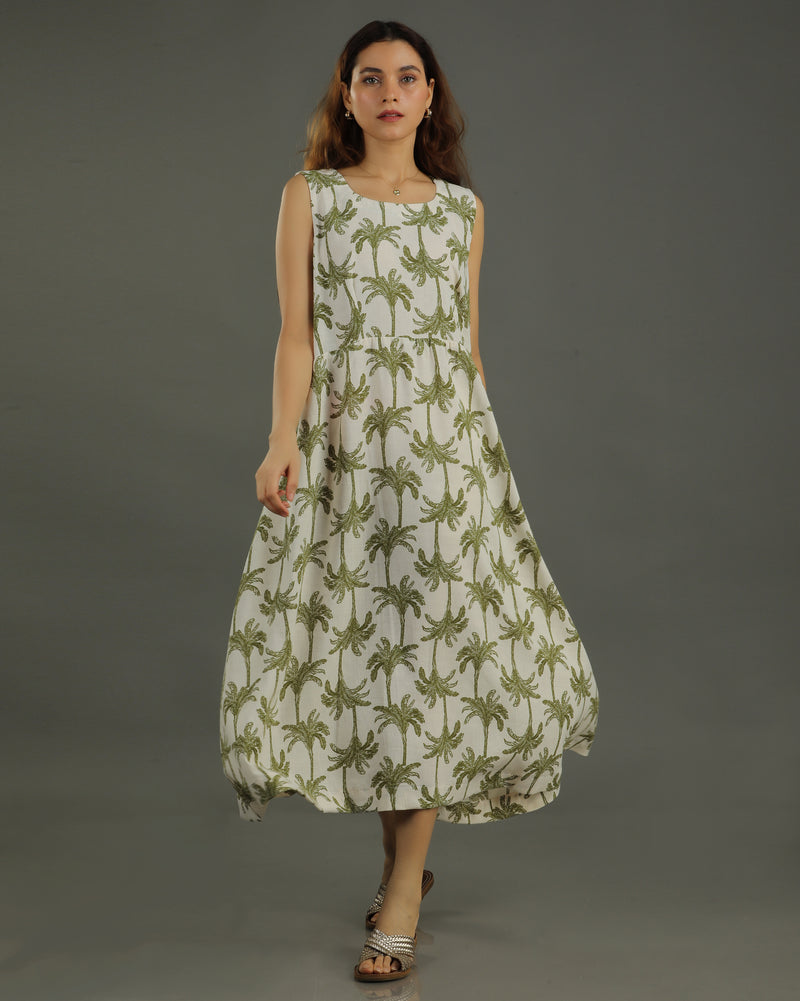 Tropical A-line Cotton Dress – White & Olive Print