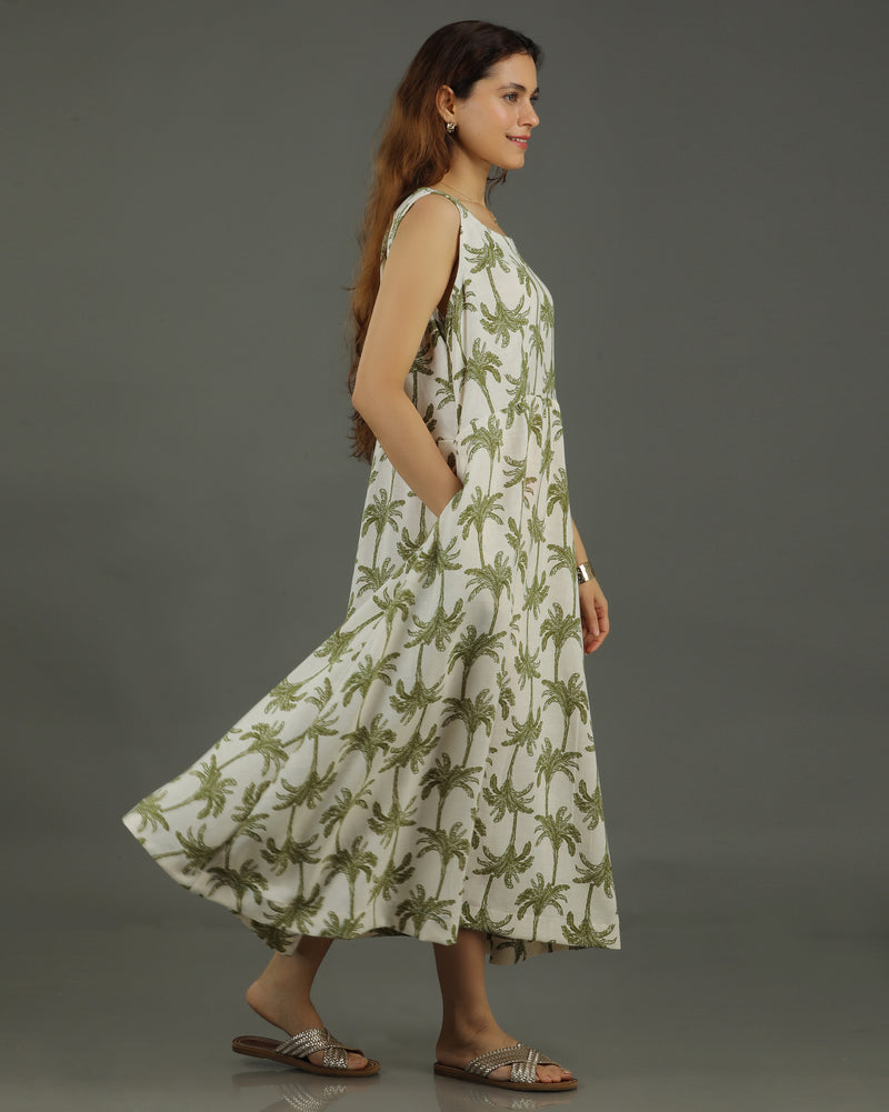 Tropical A-line Cotton Dress – White & Olive Print