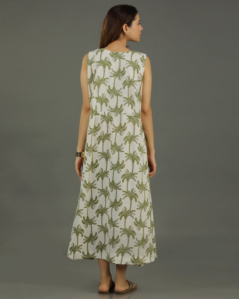 Tropical A-line Cotton Dress – White & Olive Print