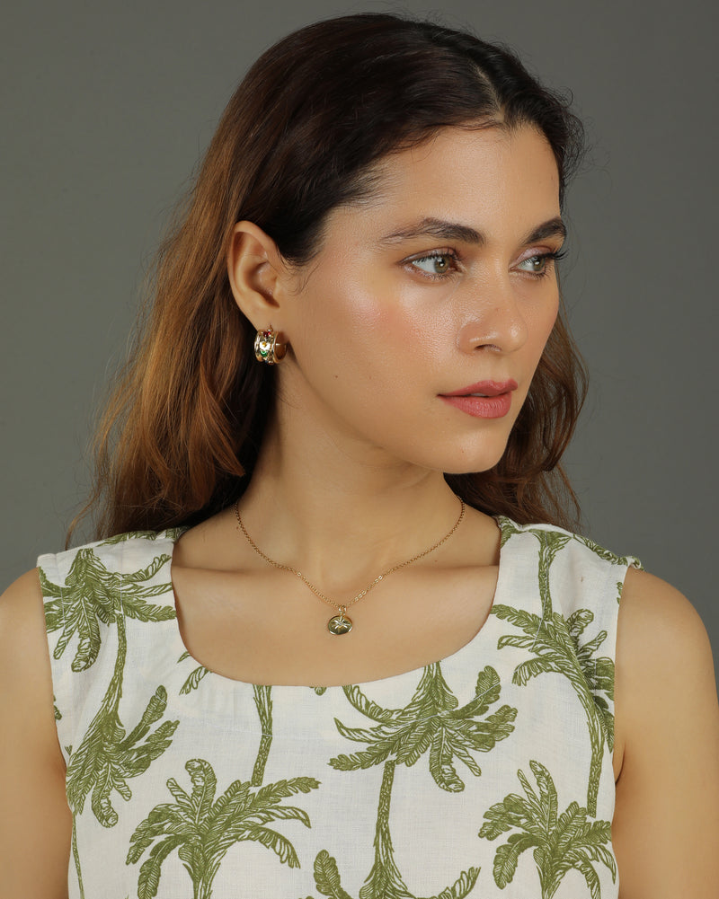 Tropical A-line Cotton Dress – White & Olive Print