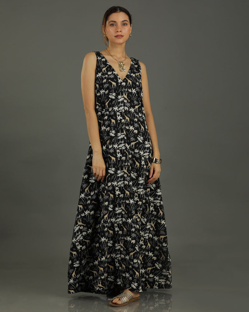 Reverie Long A-line Cotton Dress – Black Print