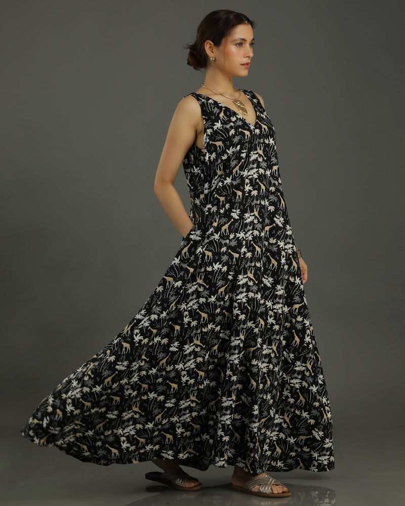 Reverie Long A-line Cotton Dress – Black Print