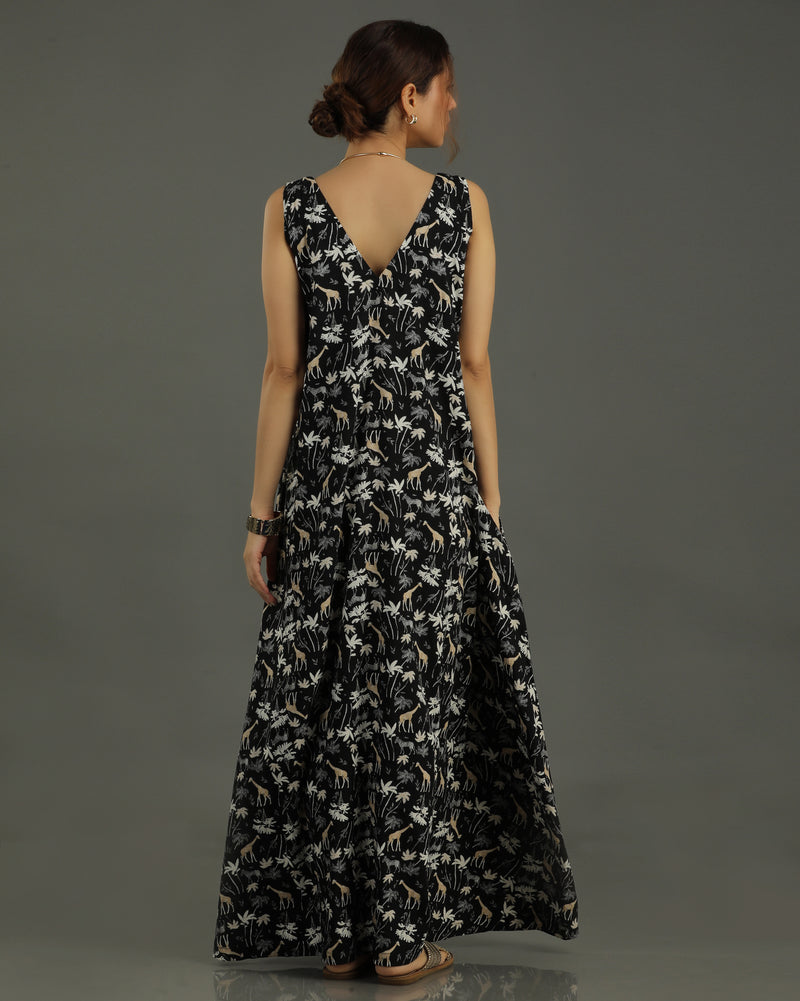 Reverie Long A-line Cotton Dress – Black Print
