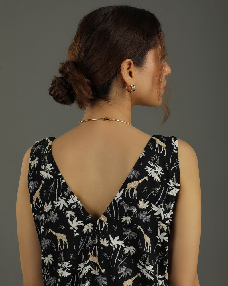 Reverie Long A-line Cotton Dress – Black Print