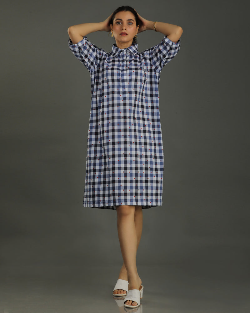Gingham Short A-line Cotton Dress - Indigo Checks Print