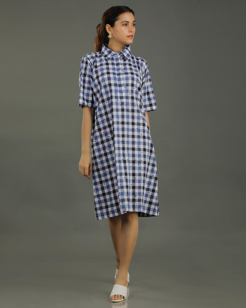 Gingham Short A-line Cotton Dress - Indigo Checks Print