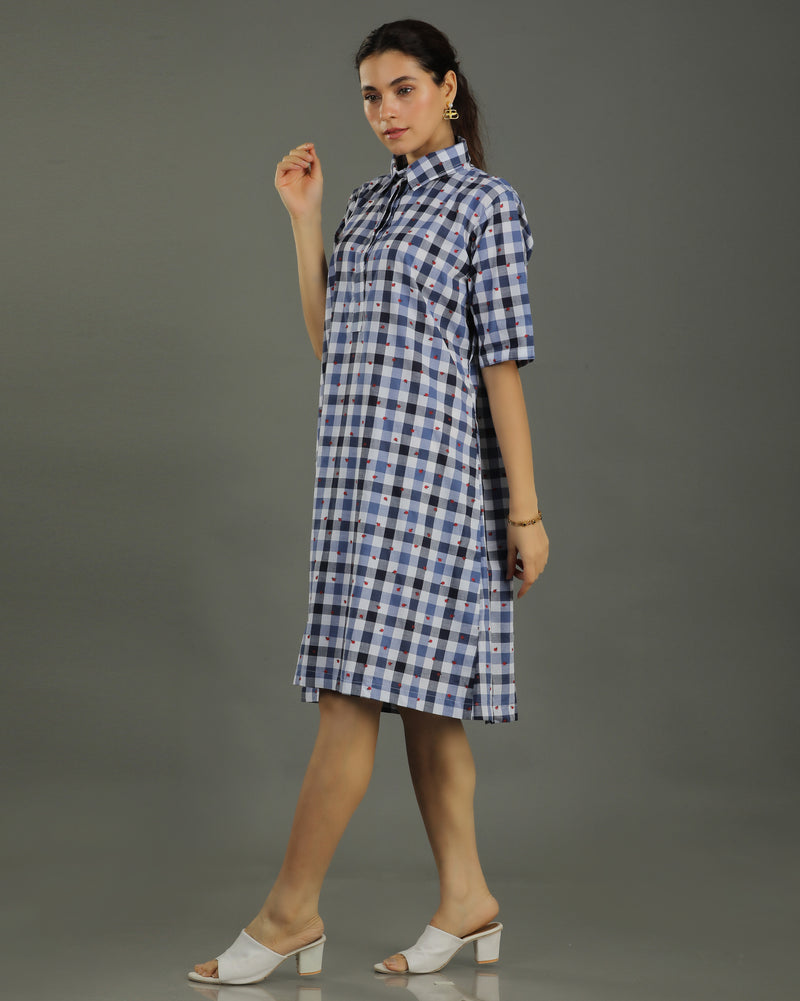Gingham Short A-line Cotton Dress - Indigo Checks Print