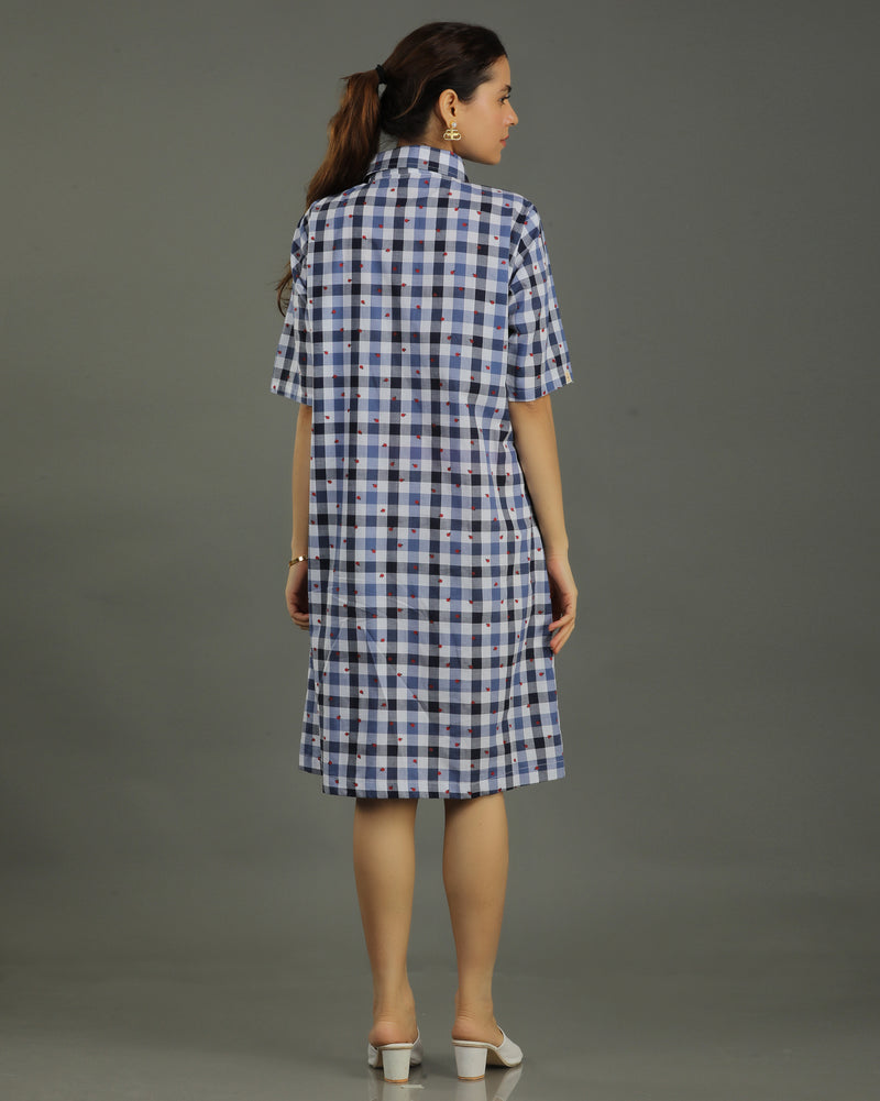 Gingham Short A-line Cotton Dress - Indigo Checks Print
