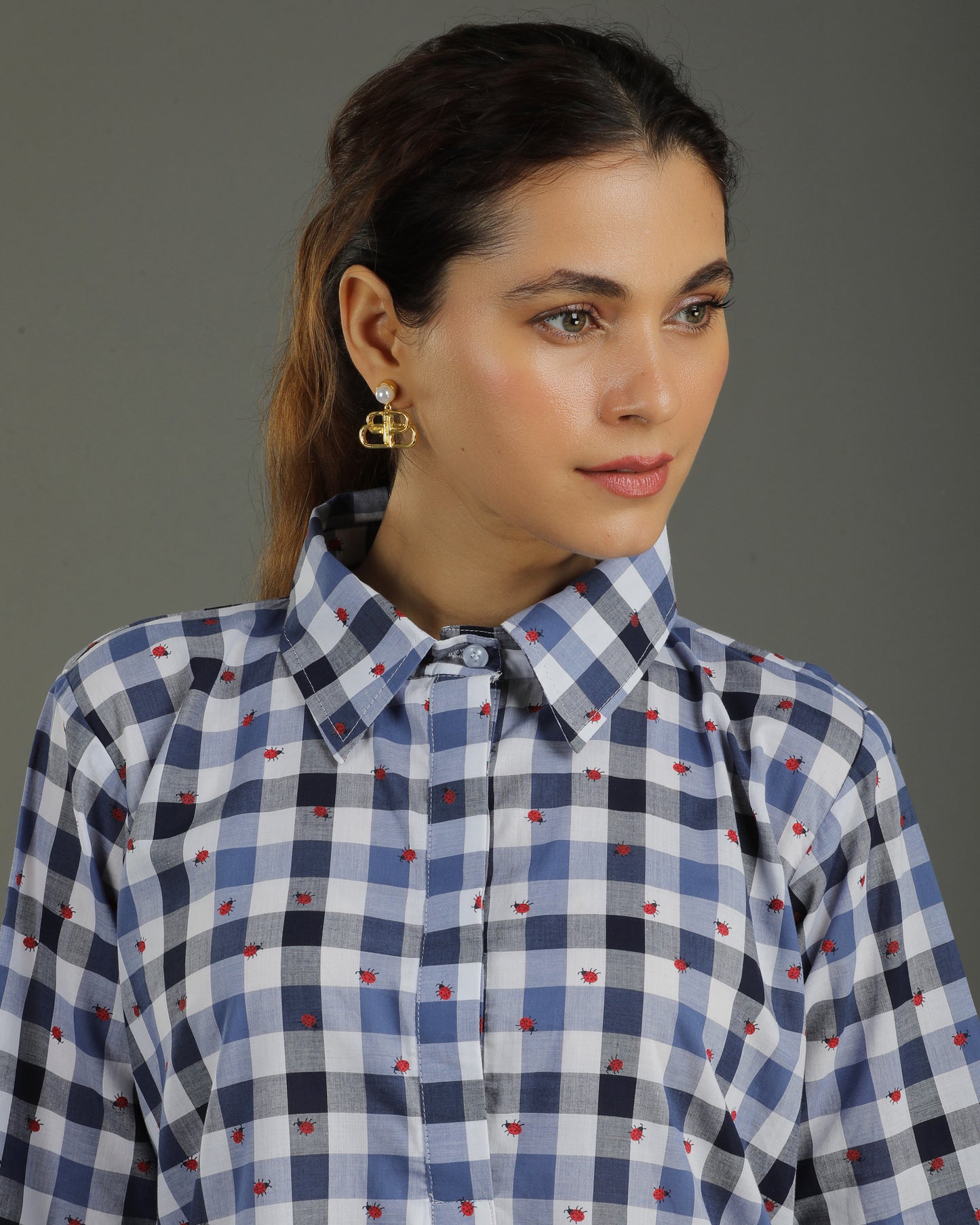 Gingham Short A-line Cotton Dress - Indigo Checks Print