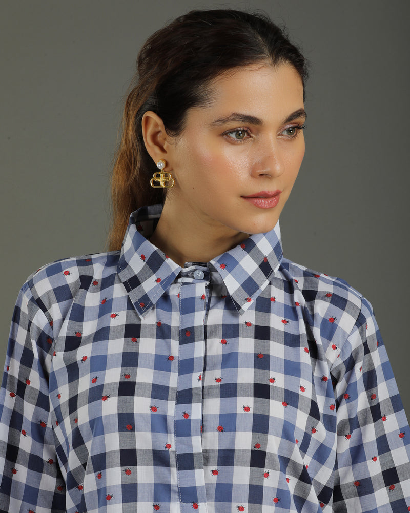 Gingham Short A-line Cotton Dress - Indigo Checks Print