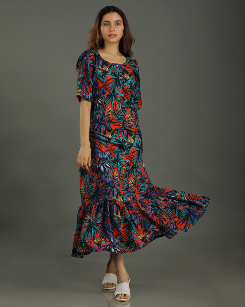 Sunset Midi Flared Cotton Dress – Multicolor Print