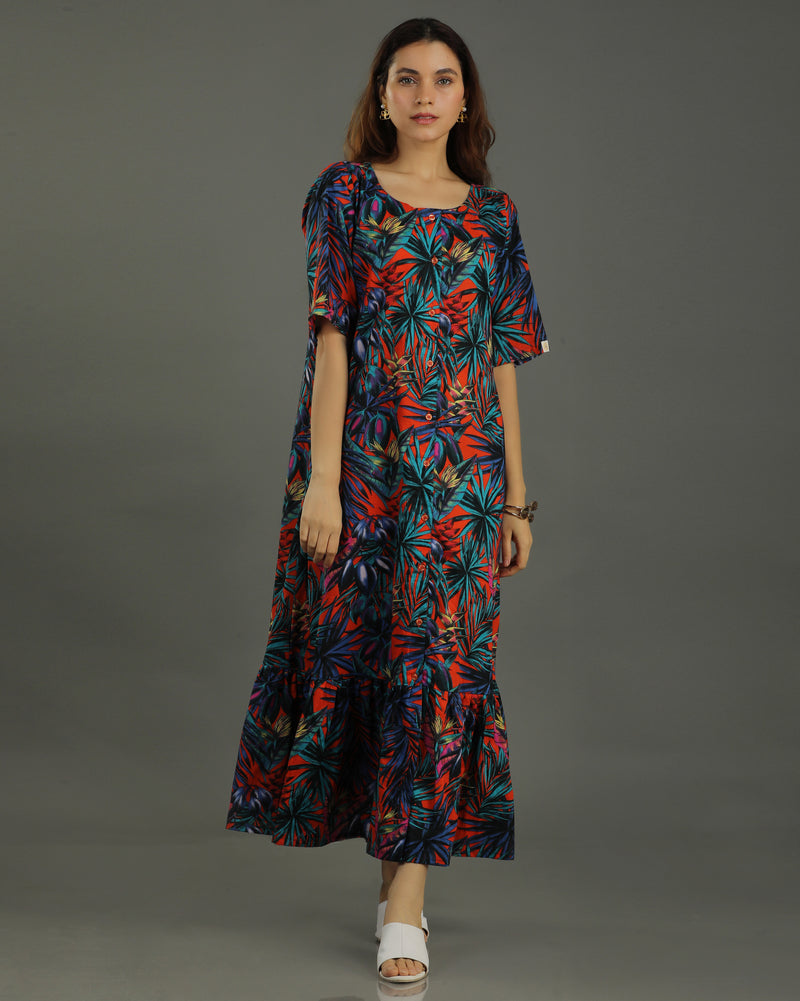 Sunset Midi Flared Cotton Dress – Multicolor Print