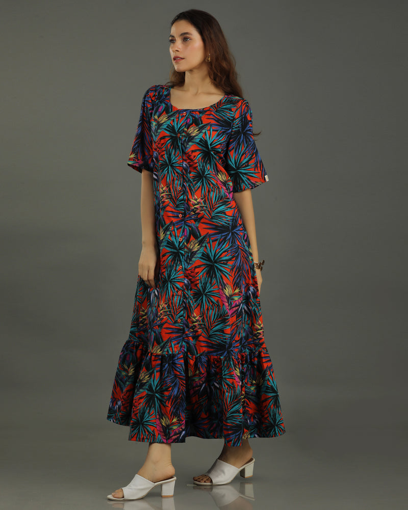 Sunset Midi Flared Cotton Dress – Multicolor Print