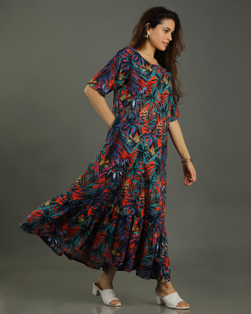 Sunset Midi Flared Cotton Dress – Multicolor Print