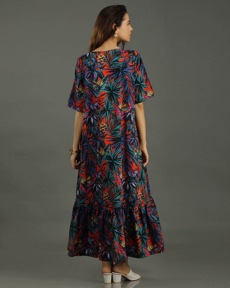 Sunset Midi Flared Cotton Dress – Multicolor Print