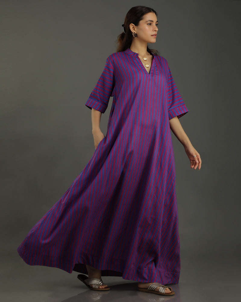 Plum Long A-line Cotton Dress – Magenta Stripes Print