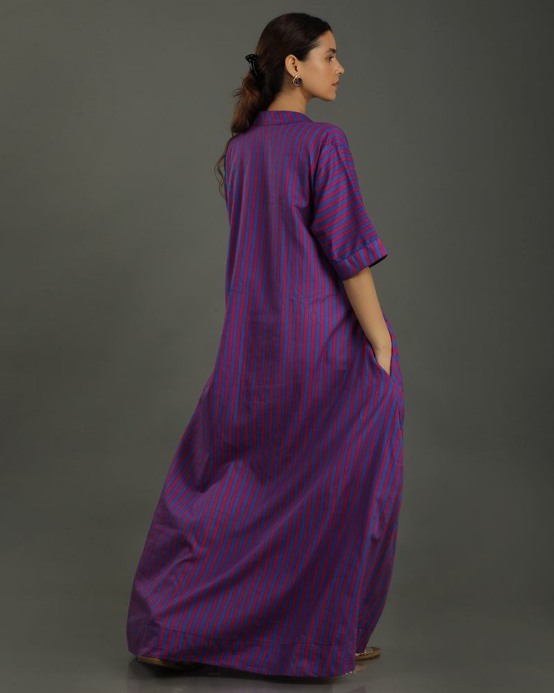 Plum Long A-line Cotton Dress – Magenta Stripes Print