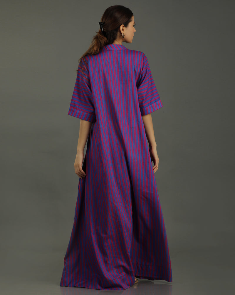 Plum Long A-line Cotton Dress – Magenta Stripes Print