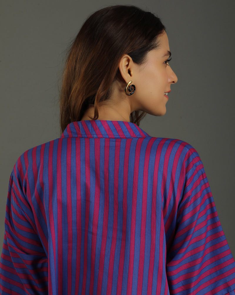 Plum Long A-line Cotton Dress – Magenta Stripes Print