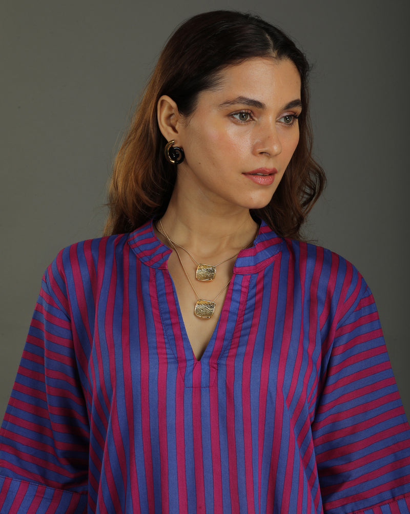 Plum Long A-line Cotton Dress – Magenta Stripes Print