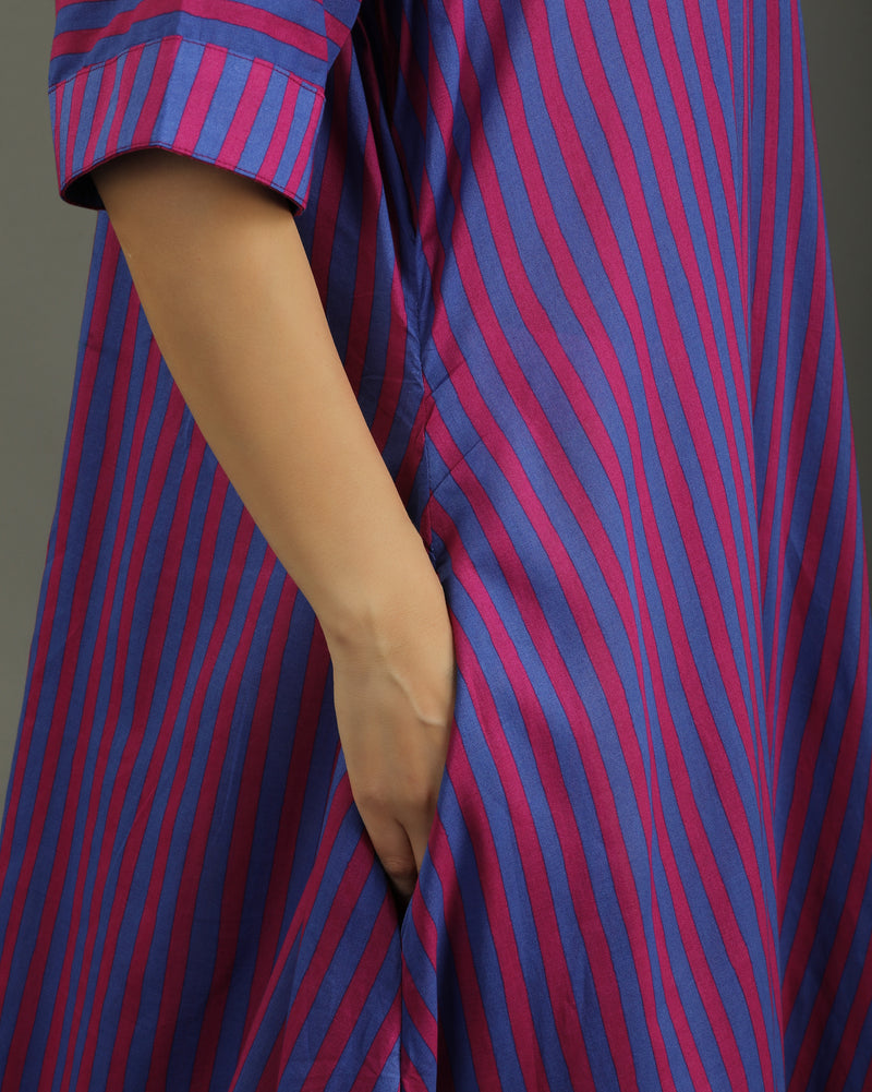 Plum Long A-line Cotton Dress – Magenta Stripes Print