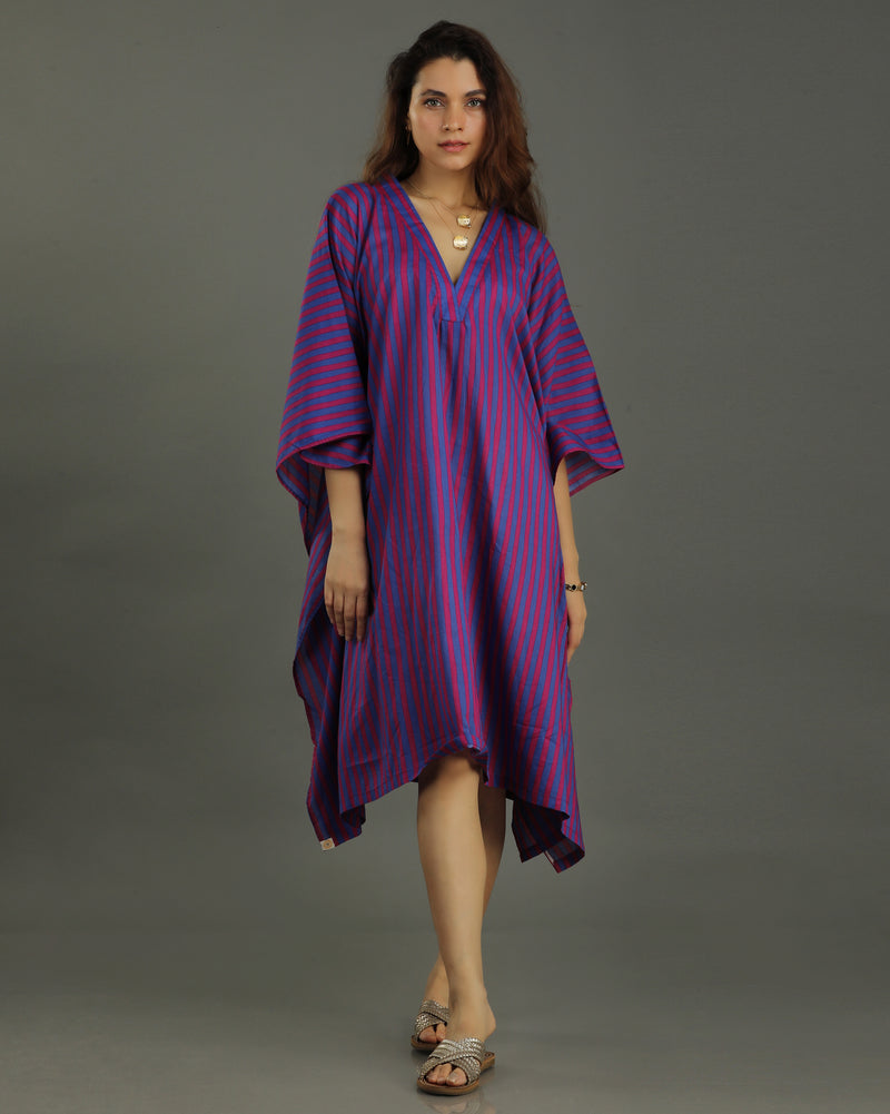 Plum Midi Kaftan Cotton Dress – Magenta Stripes Print