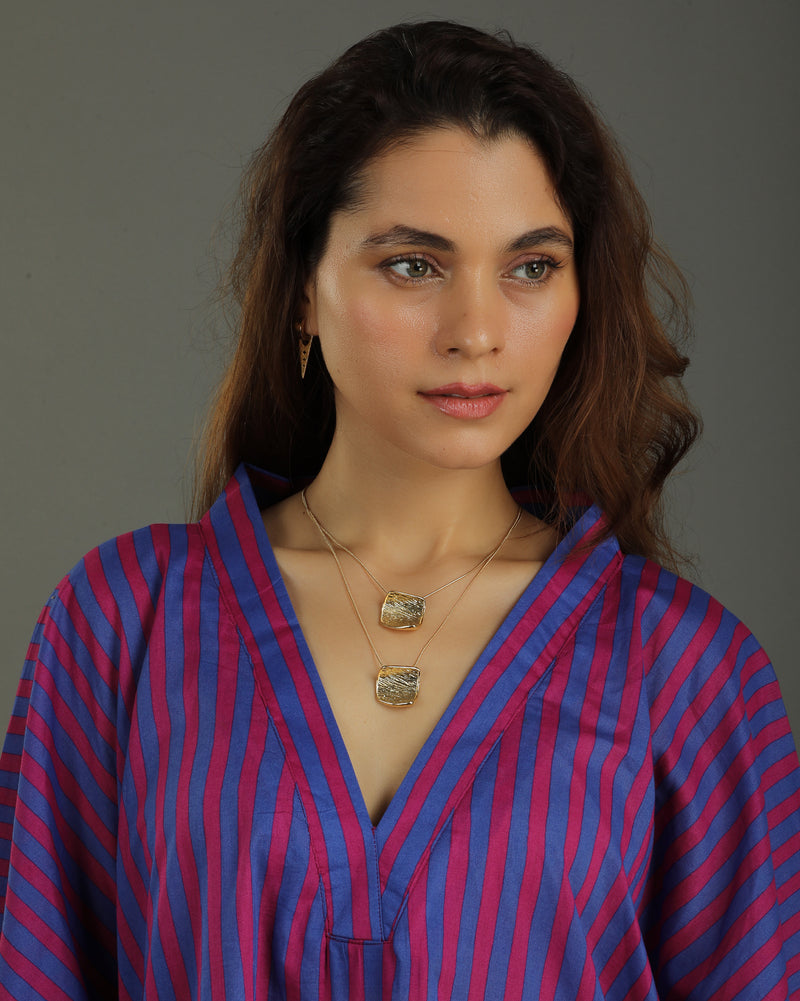 Plum Midi Kaftan Cotton Dress – Magenta Stripes Print