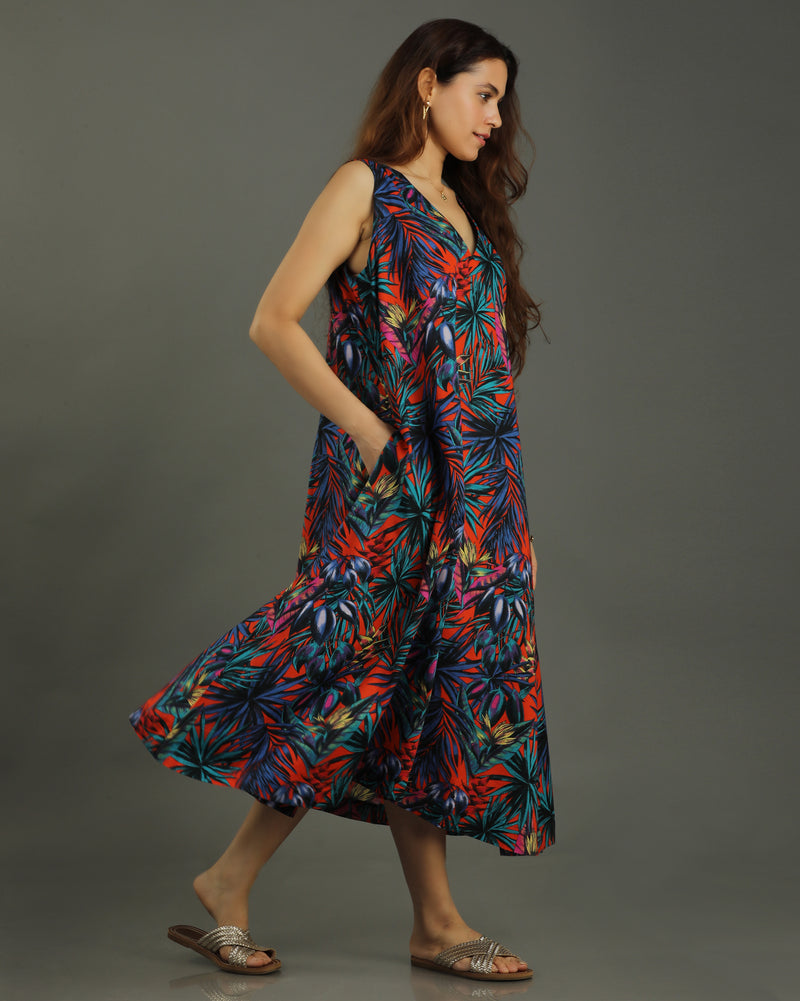 Sunset A-line Cotton Dress – Multicolor Print