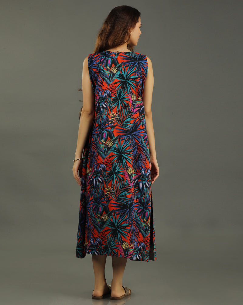 Sunset A-line Cotton Dress – Multicolor Print