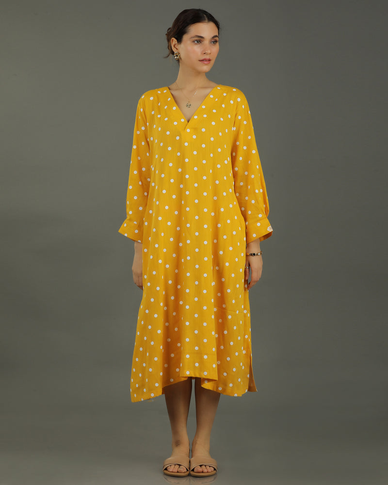 Sunshine Midi A-line Cotton Dress – Mustard Print