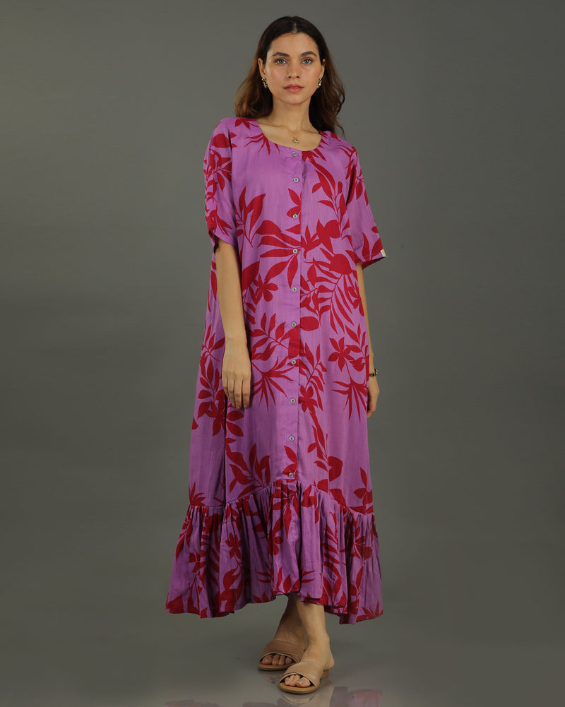 Redscape Midi Flared Cotton Dress – Lavender & Red Print