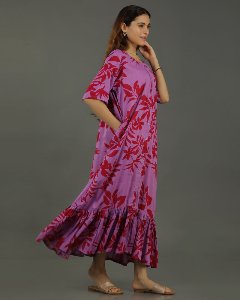 Redscape Midi Flared Cotton Dress – Lavender & Red Print