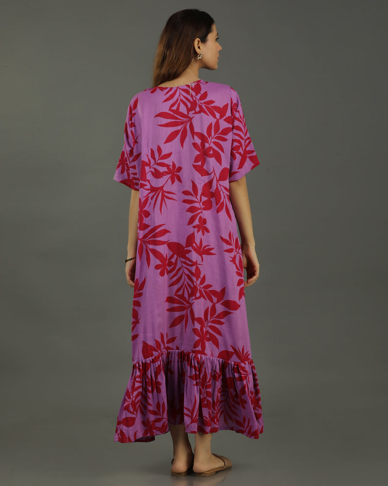 Redscape Midi Flared Cotton Dress – Lavender & Red Print