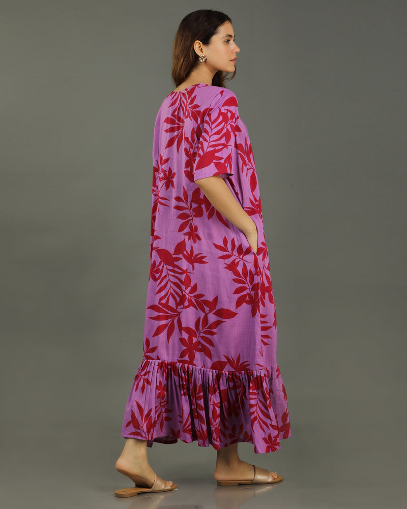 Redscape Midi Flared Cotton Dress – Lavender & Red Print