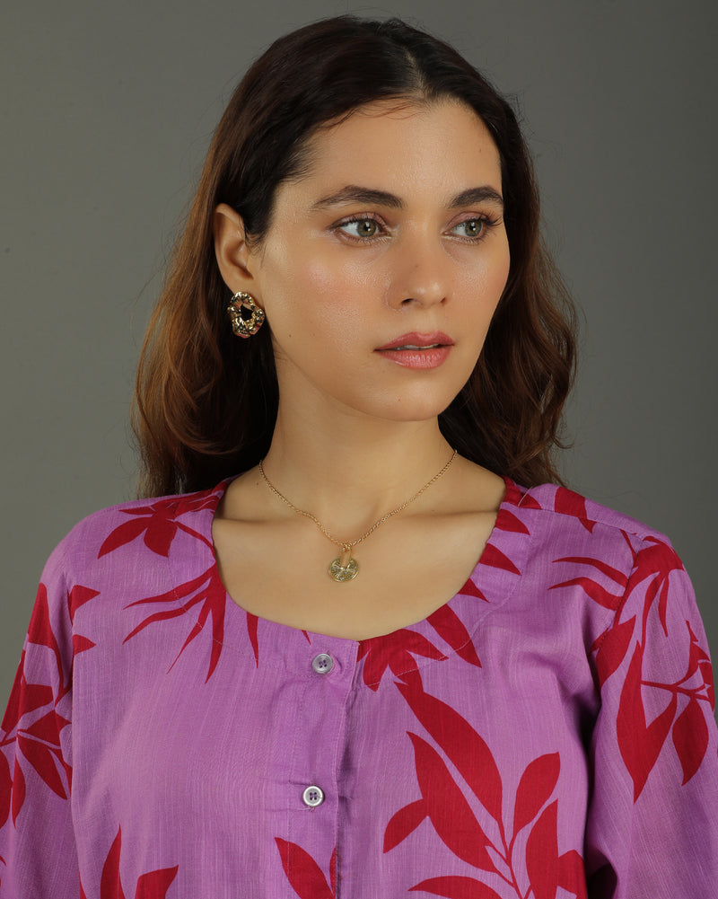 Redscape Midi Flared Cotton Dress – Lavender & Red Print