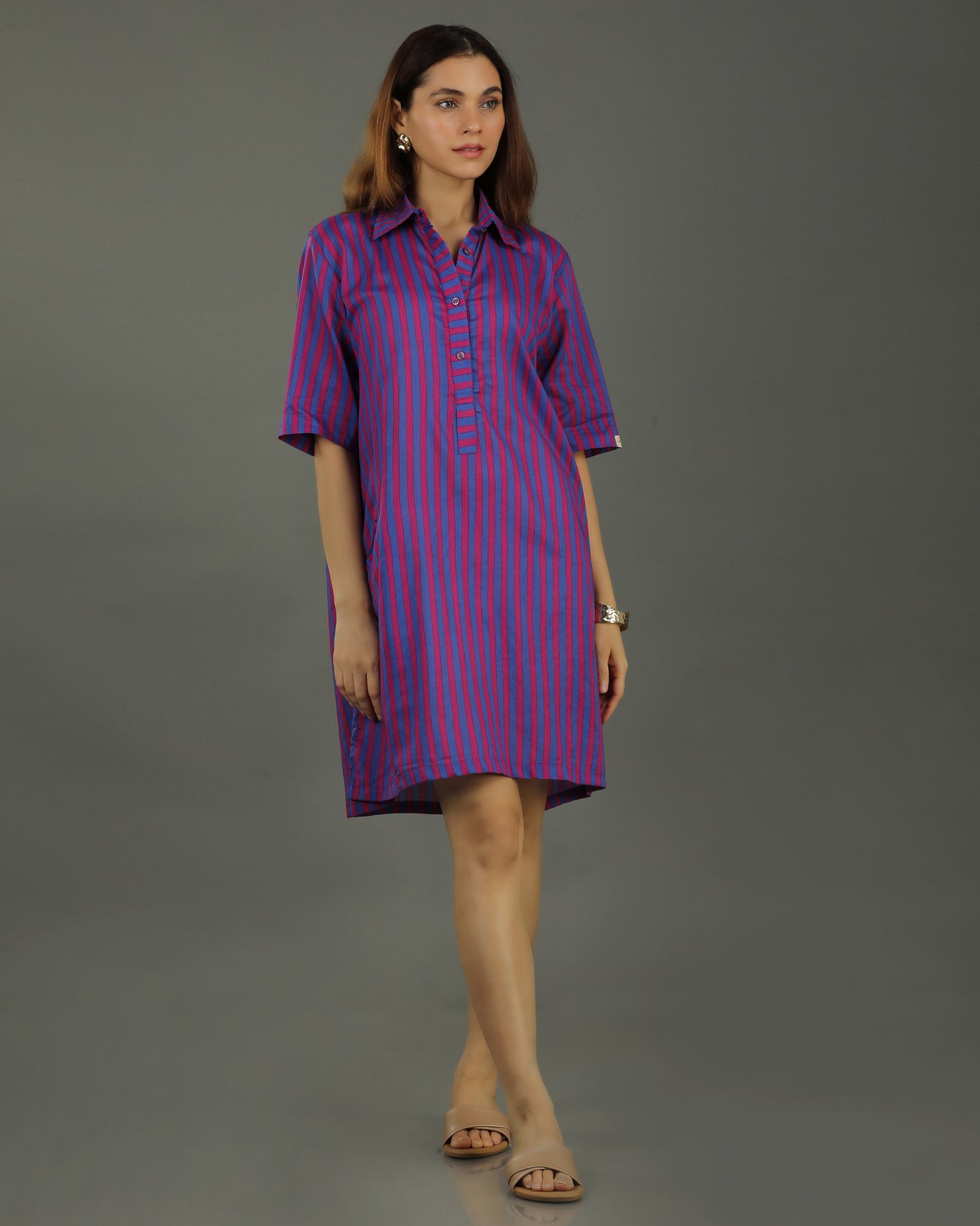 Plum Short A-line Cotton Dress – Magenta Stripes Print