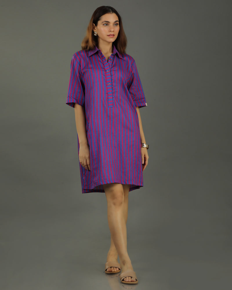 Plum Short A-line Cotton Dress – Magenta Stripes Print